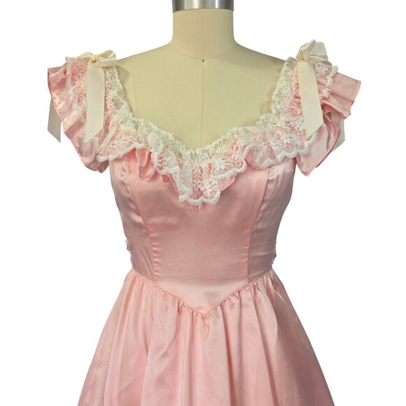 Gunne Sax Vintage 80s Pink Princess Dress Size XS S Maxi Satin Lace Bows - Picture 3 of 11